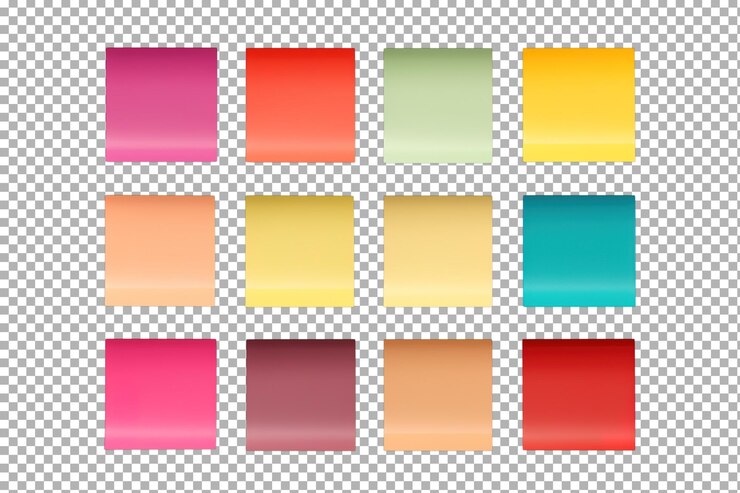 PSD une collection vibrante d'échantillons de papier carré coloré disposés soigneusement en formation de grille sur un fond transparent png de surface blanche ou claire