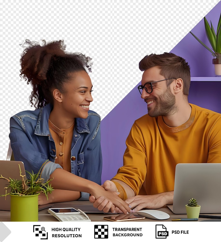 PSD collègues amicaux joyeux jeune adulte mulatte femme et homme caucasien se touchant la main en signe de salut assis en face à la table travaillant sur des ordinateurs portables entourés d'une plante en pot vert pot blanc png