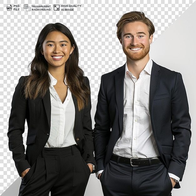 PSD des collègues, un homme et une femme, s'appuyant l'un sur l'autre et souriants.