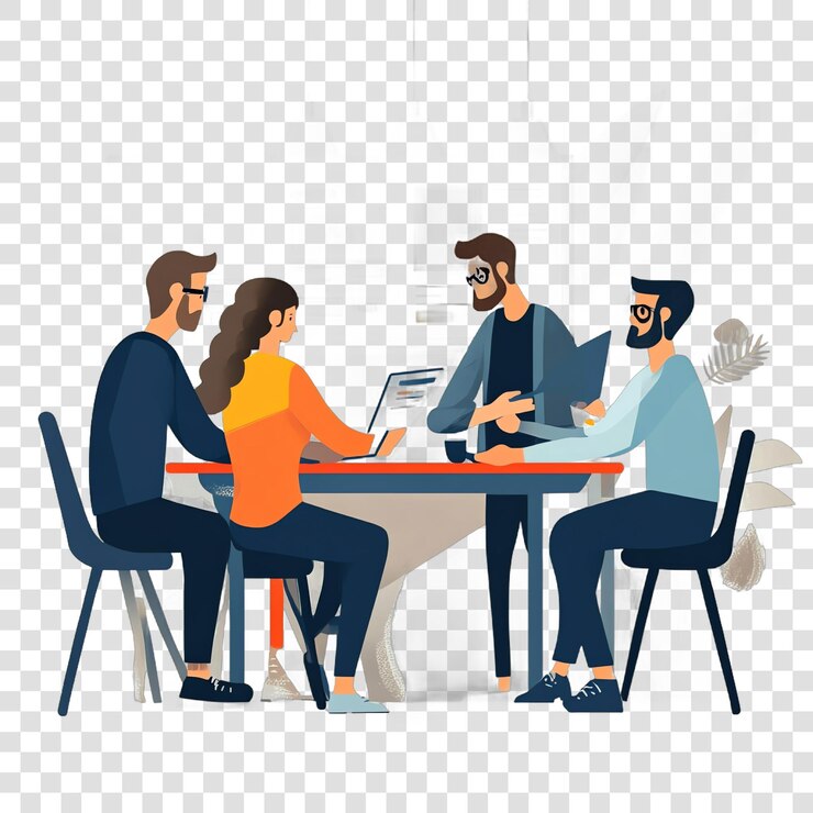 PSD des collègues se rassemblent autour d'une table dans un bureau et travaillent sur un fond transparent isolé.
