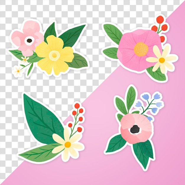 Collezione di adesivi floreali colorati trasparenti png