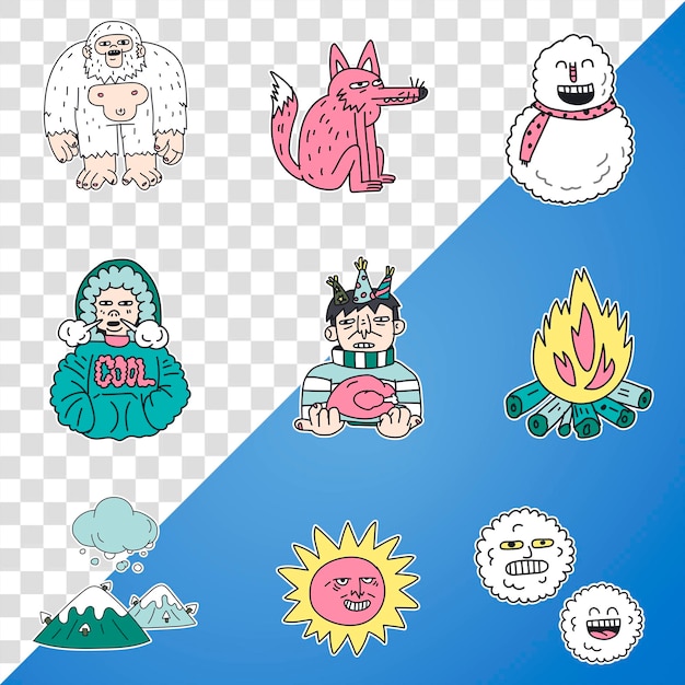 Collezione di adesivi invernali disegnati a mano png trasparente