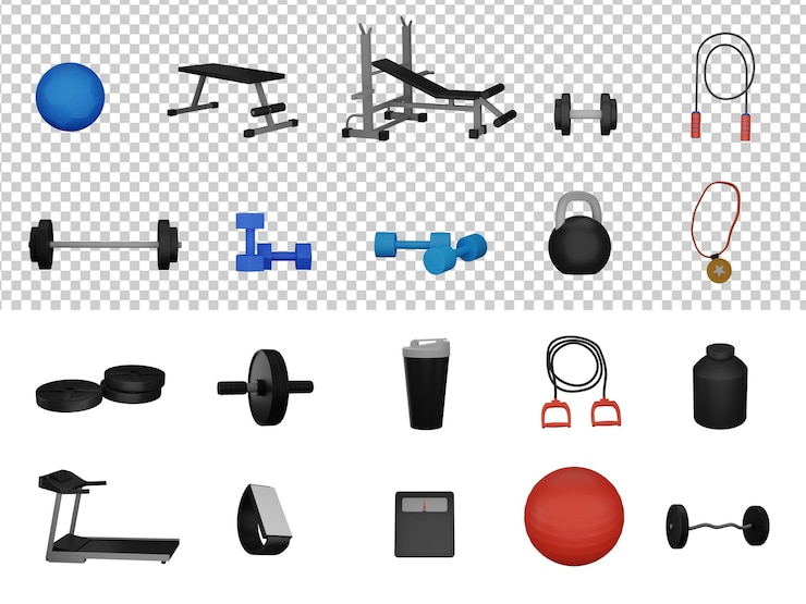 PSD collezione di attrezzature da palestra colorate in stile 3d