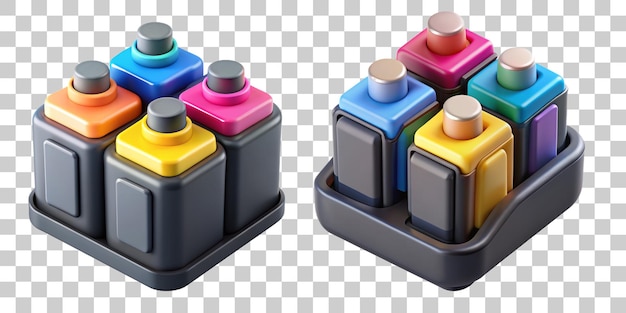 Collezione di cartucce di inchiostro di rendering 3D in forniture per ufficio isolate su sfondo trasparente