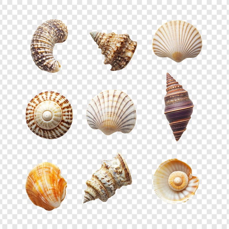 PSD collezione di conchiglie di varie forme e colori dei tesori degli oceani