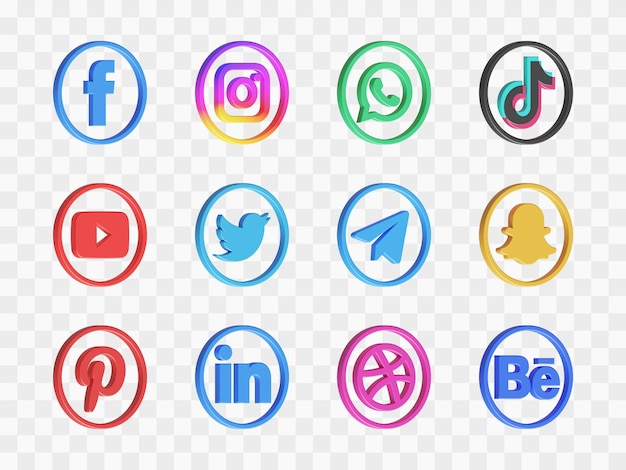 Collezione di icone di social media nel rendering 3D