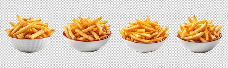 PSD collezione di patatine fritte in ciotola isolate su uno sfondo trasparente
