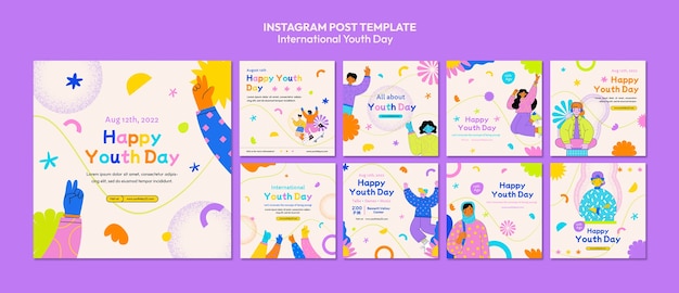 Collezione di post instagram colorati per la giornata internazionale della gioventù