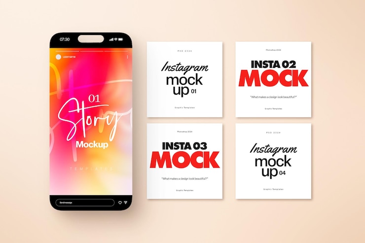 PSD collezione di post psd accanto allo schermo del telefono cellulare mockup per social media instagram post e storia