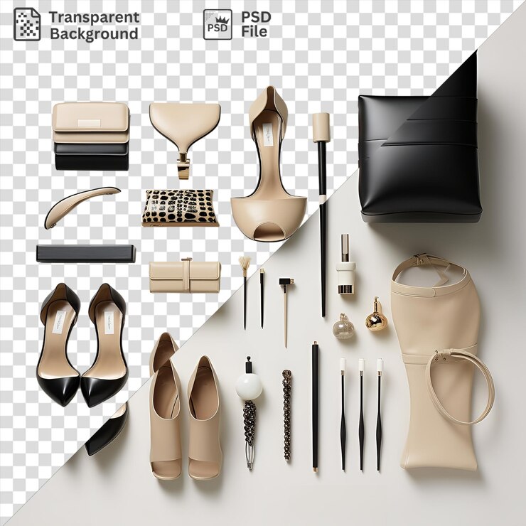 PSD collezione di scarpe e accessori di lusso di designer esposti su uno sfondo trasparente accompagnati da un portafoglio nero e una piccola bottiglia bianca