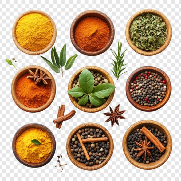 PSD collezione di spezie aromatiche, erbe e ciotole di legno