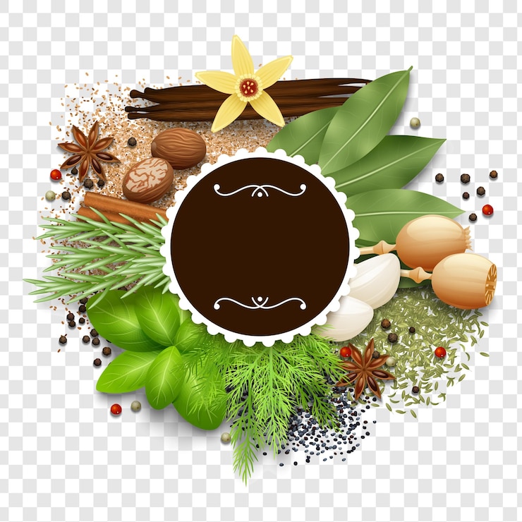 PSD collezione di spezie e erbe aromatiche per prelibatezze culinarie isolate su uno sfondo trasparente