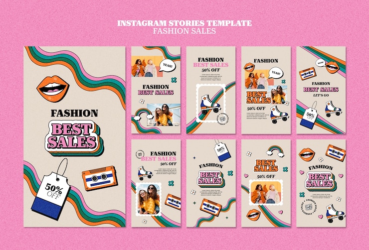 PSD collezione di storie di instagram di vendita di moda con design retrò