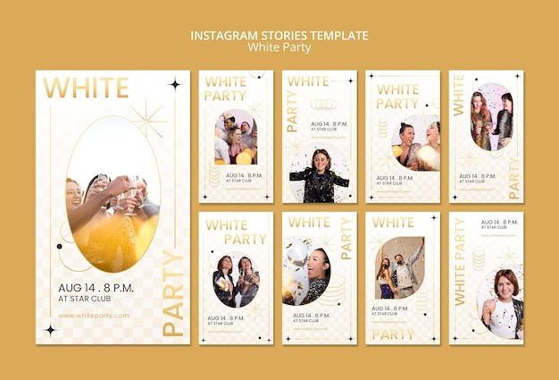 Collezione di storie di instagram per feste bianche con design dorato