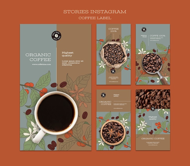 Collezione di storie Instagram per l'etichetta del caffè