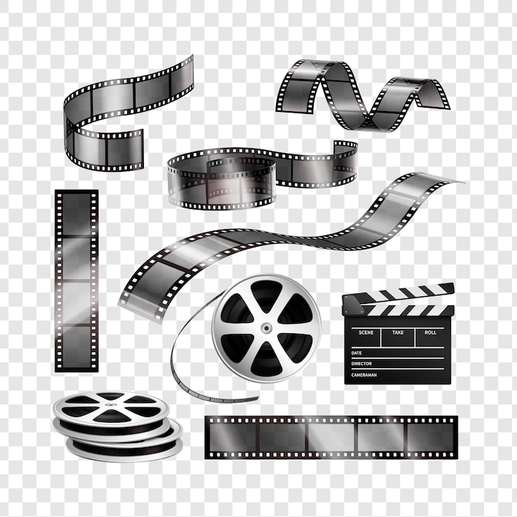 PSD collezione di strisce di film, bobine e un clapperboard che rappresentano il cinema e la produzione cinematografica isolati su