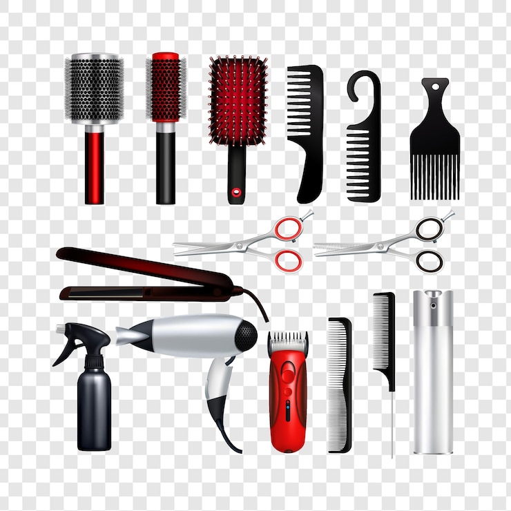 PSD collezione di strumenti per lo stile dei capelli isolati su uno sfondo trasparente