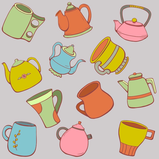 Collezione di teiere e bollitori colorati disegnati a mano