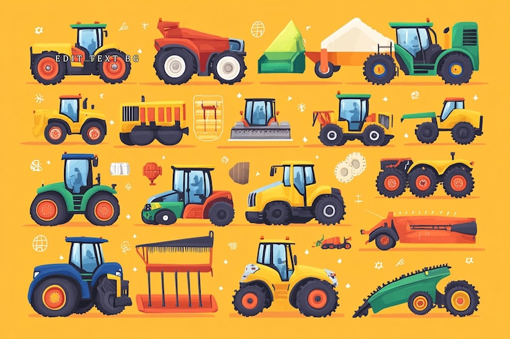 PSD collezione di vari veicoli agricoli e macchinari agricoli