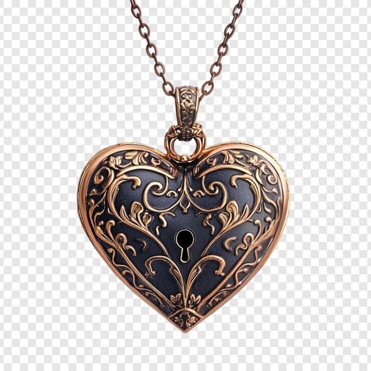 PSD un collier de cœur élégant, un collier romantique, un design vintage, un bleu foncé, de l'or, des détails complexes, de beaux bijoux.