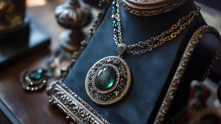 PSD un collier élégant en pierre précieuse verte exposé sur un support en velours foncé
