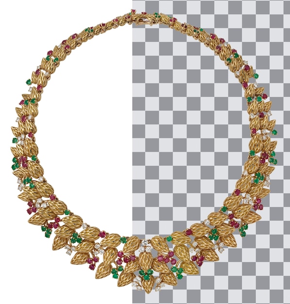 PSD un collier en or avec des pierres vertes et rouges et le mot amour dessus.