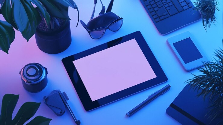 PSD colocación plana de plantas y accesorios de teclado de tableta en un escritorio con iluminación azul y rosa