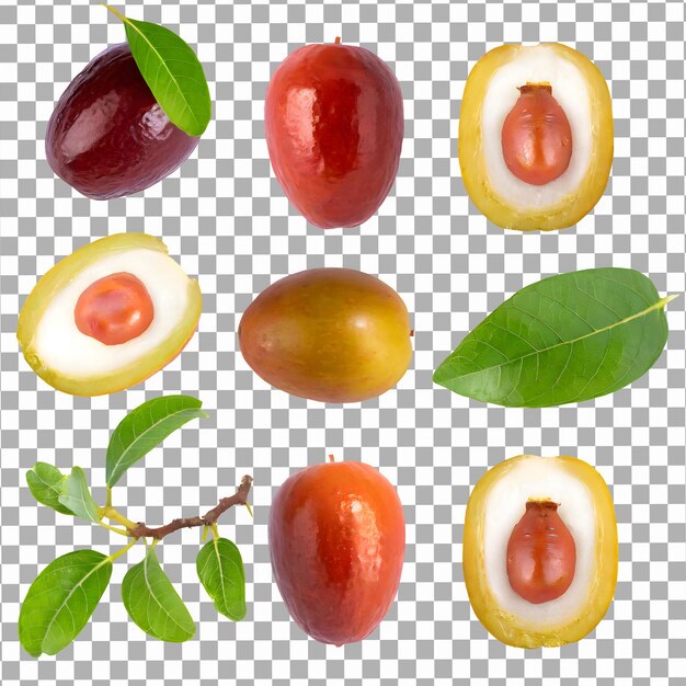 Colocar frutas frescas de jujube y rebanadas en un fondo transparente aislado