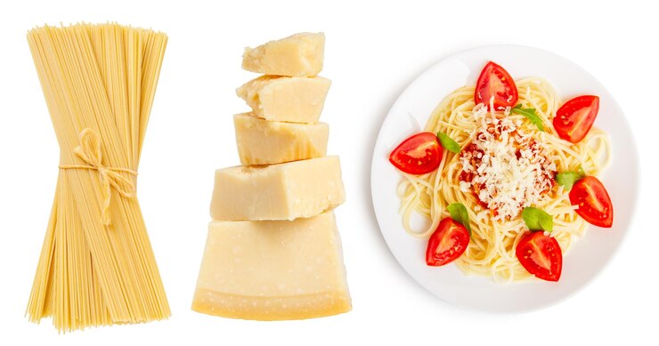 PSD colocar pasta cozida com queijo parmesão em prato e pasta de espaguete seca em fundo vazio