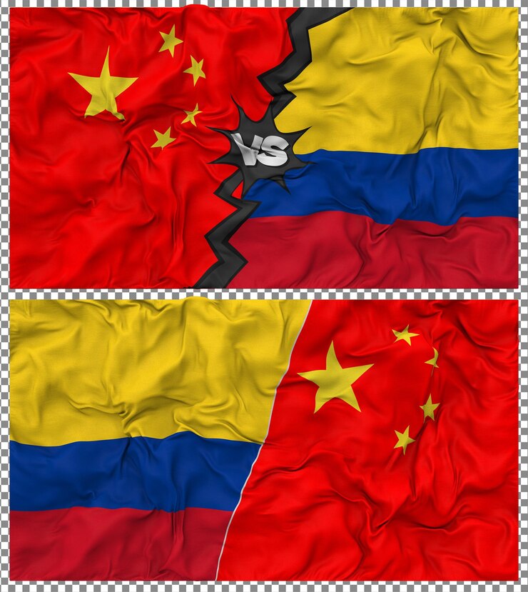 PSD colombia contra china media bandera combinada con tela y textura en 3d