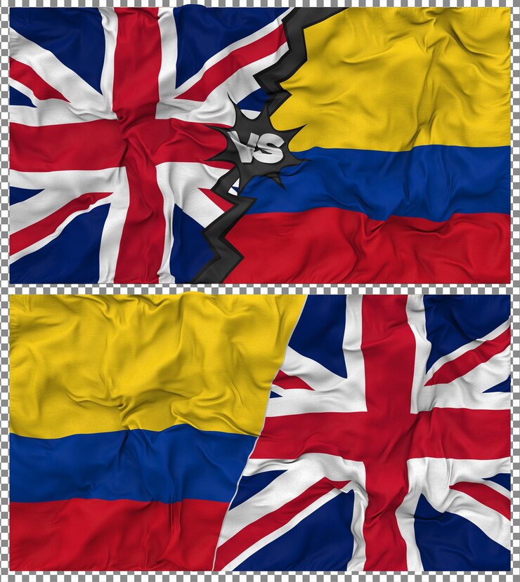 PSD colombia contra el reino unido media bandera combinada tejido bump textura renderizado en 3d
