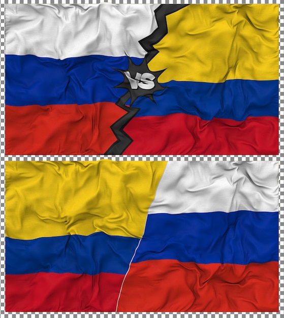 Colombia contra Rusia Media bandera combinada con textura 3D de la tela de la bandera