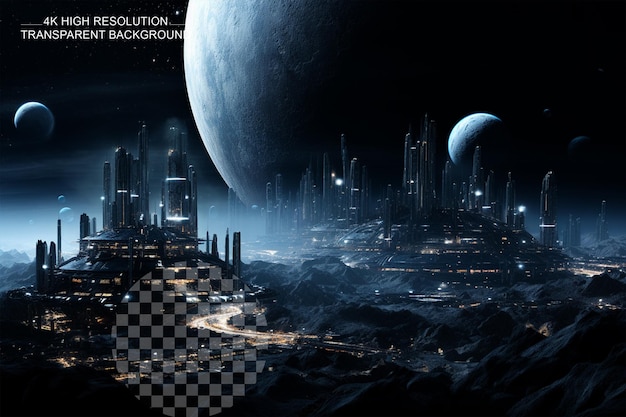 PSD colonie lunaire futuriste une scène époustouflante sur une surface de lune lointaine sur un fond transparent