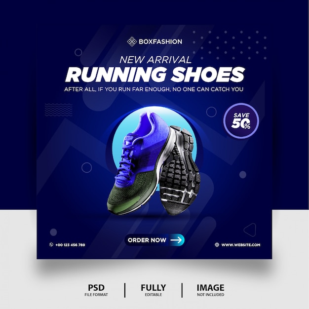 PSD color azul degradado zapatillas para correr marca producto social media post banner