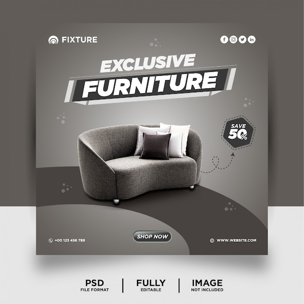 PSD color gris muebles exclusivos producto social media post banner