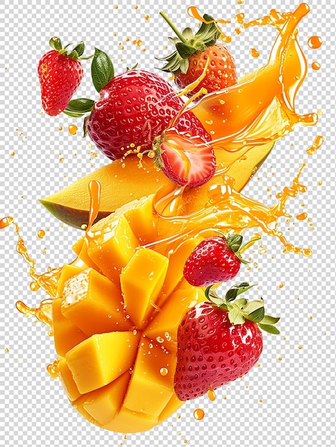 PSD color naranja con mango y fresa en blanco