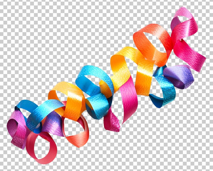 PSD colorati riccioli di nastro in sfumature vivaci per decorazioni festive isolati su uno sfondo trasparente