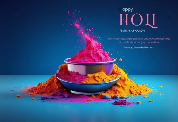 Los colores del concepto del festival de Holi con una olla de arcilla decorada en el medio del lienzo sobre un fondo azul