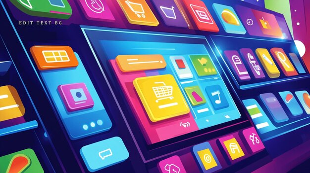 Colorful app interface with various icons and buttons
