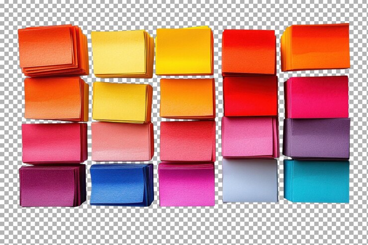 PSD colorful arrangement of sticky notes in various shades stacked neatly on a white background