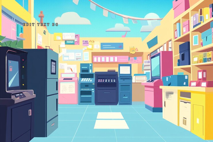 PSD colorful cartoon interior of a bustling office supply store filled with various printing and stationery machines