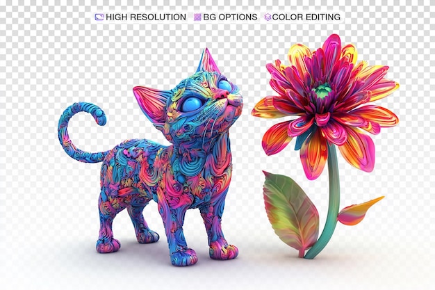 Colorful Cat Sculpture Surrounded by a Giant Flower on White Background