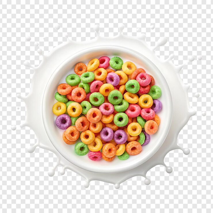 PSD colorful cereal loops in milk splash