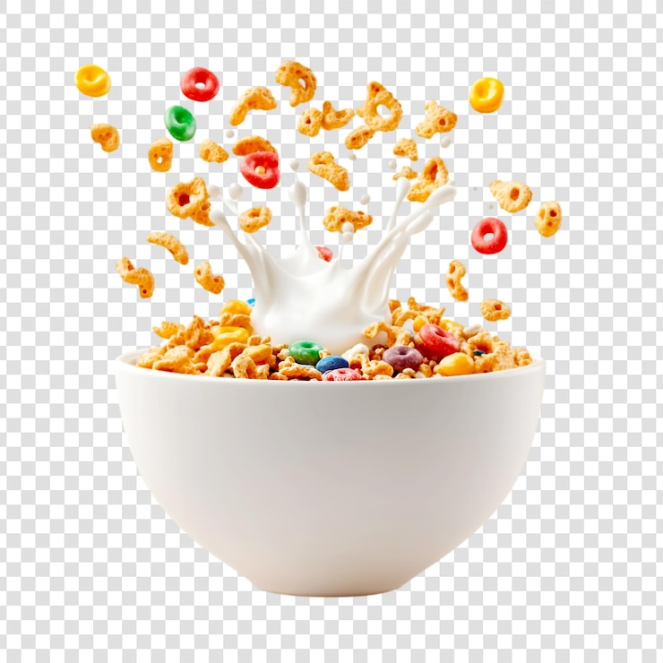 PSD colorful cereal splashing into milk a delicious breakfast bowl