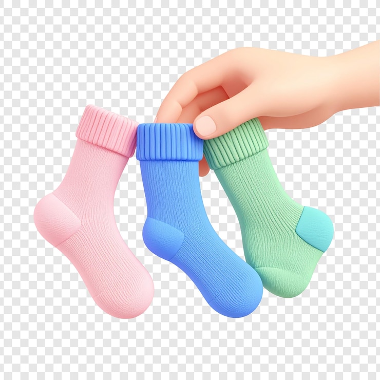 PSD colorful childrens socks held by hand pastel tones isolated background