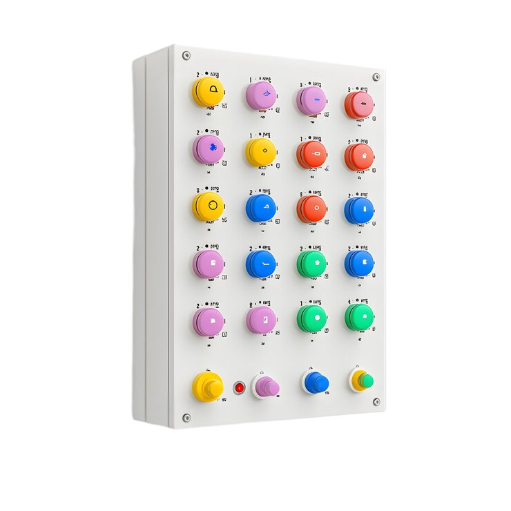 PSD colorful control panel with multiple knobs and switches isolated on white background electronic de