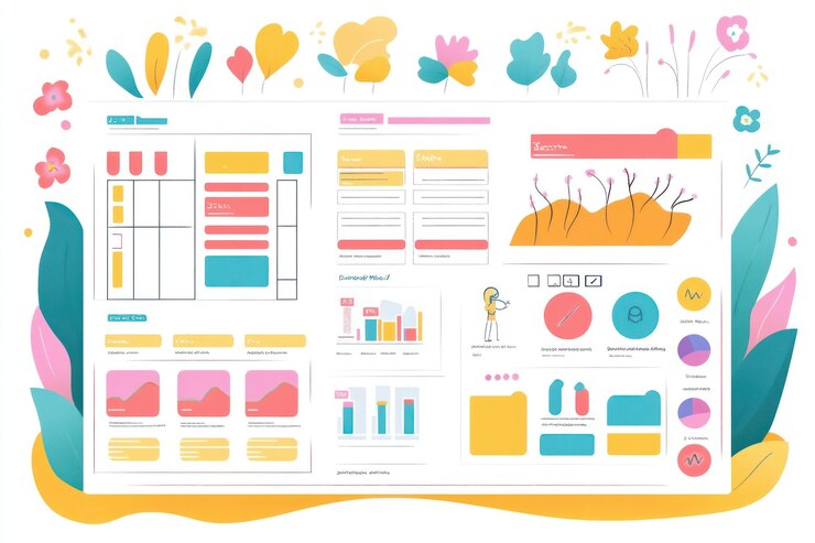 PSD colorful data visualization charts and graphs with floral design elements
