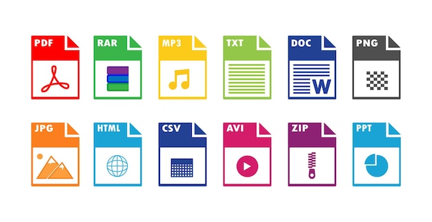 Colorful File Format Icons Set PDF MP3 DOC PNG ZIP and More