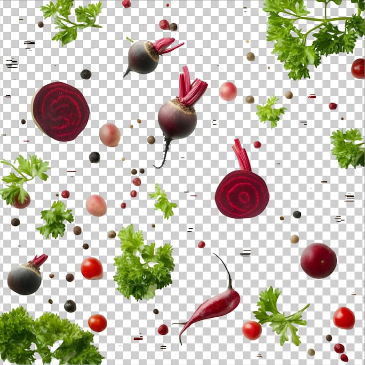 PSD colorful fresh food ingredients floating on a transparent background