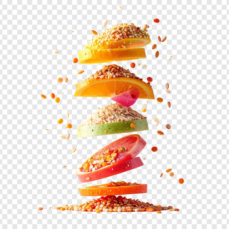 PSD colorful fruit slices in levitation